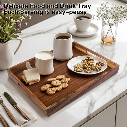 Carpentray 2 Pack Acacia Wooden Serving Tray with Hanles, 17x13 Trays for Living Room