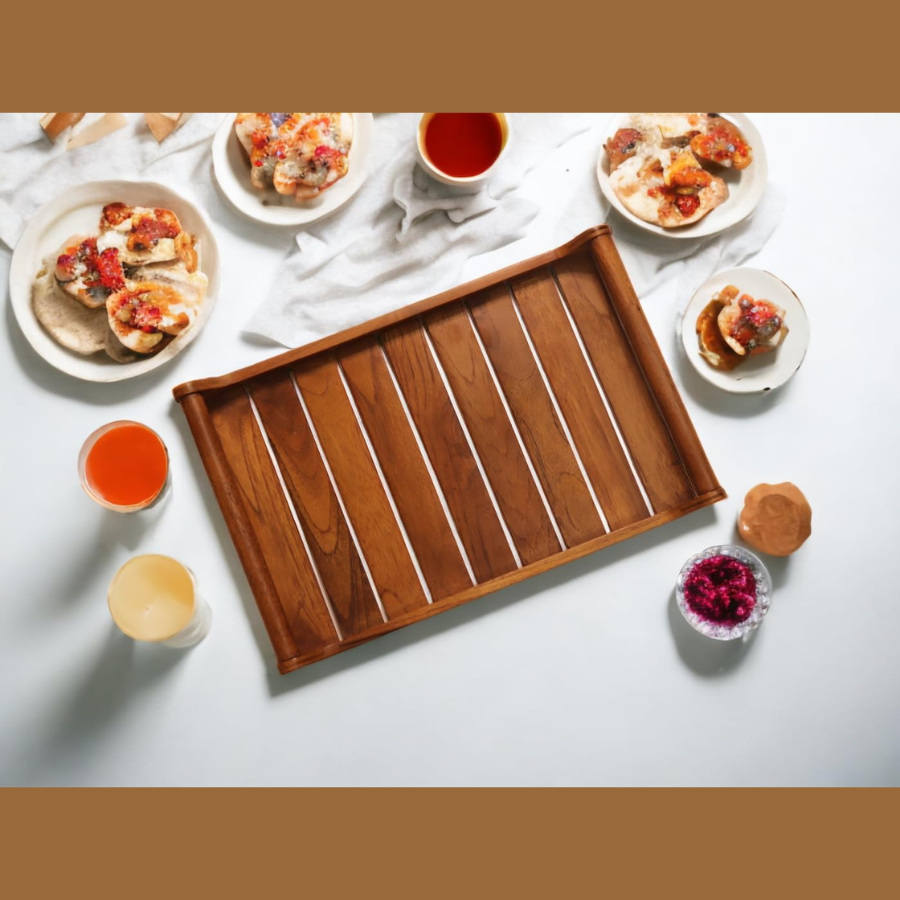 carpentray set of 2 romper teak wood rectangular serving tray for home/kitchen
