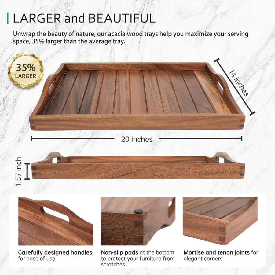 Carpentray Wooden Serving Tray with Handles 20 x 14 inch (Color Natural)