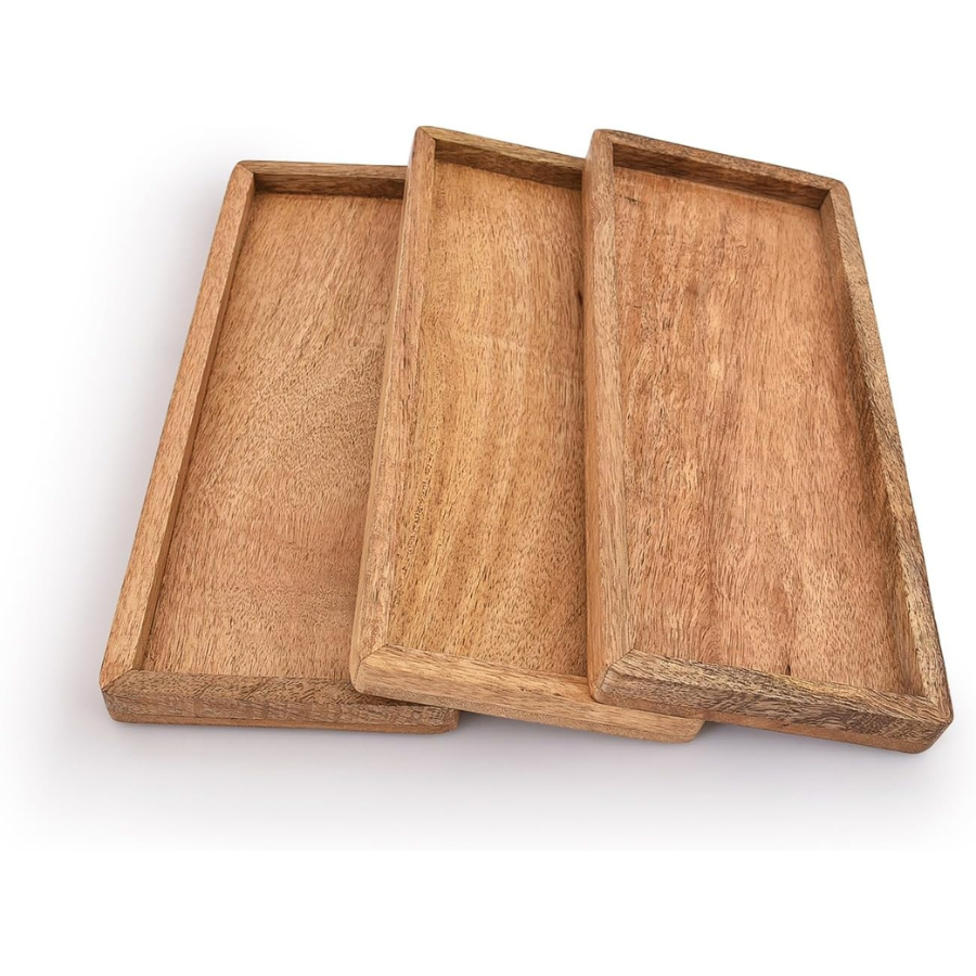 Mango Wood Serving Platter with Raised Edge -Set of 3 (12" x 5" x 0.75")
