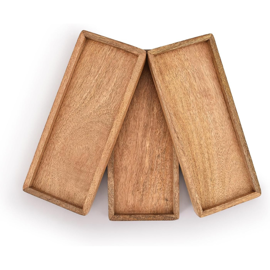 mango wood serving platter with raised edge -set of 3 (12" x 5" x 0.75")