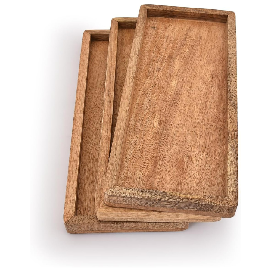 Mango Wood Serving Platter with Raised Edge -Set of 3 (12" x 5" x 0.75")