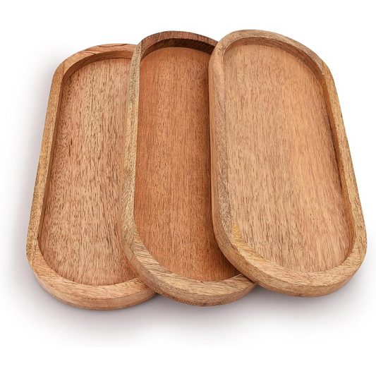 Carpentray Mango Oval Wood Tray Set of 3 Perfect for Food Holder (12" x 5" x 0.75")