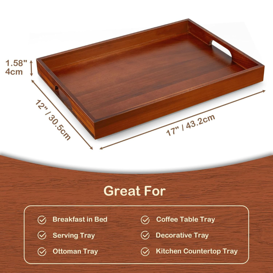 carpentray serving tray with handles, large 17 inch brown