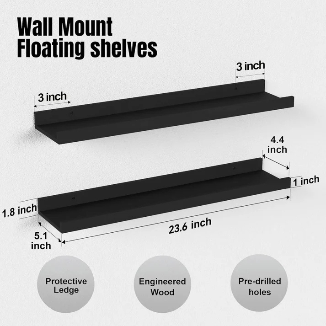 carpentray 24 inch long modern balck wall shelf