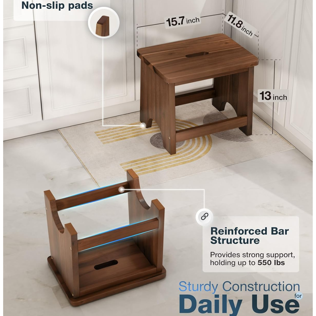 carpentray wooden step stool, 13'' one step stool for adults (walnut)