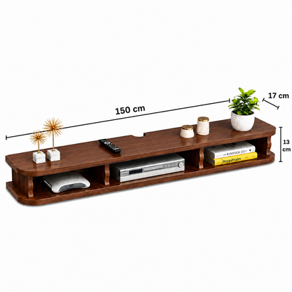 carpentray 150cm long wooden floating tv stand for living room, wall mounted tv console with open storage shelves, modern entertainment center for television, (150cm long)