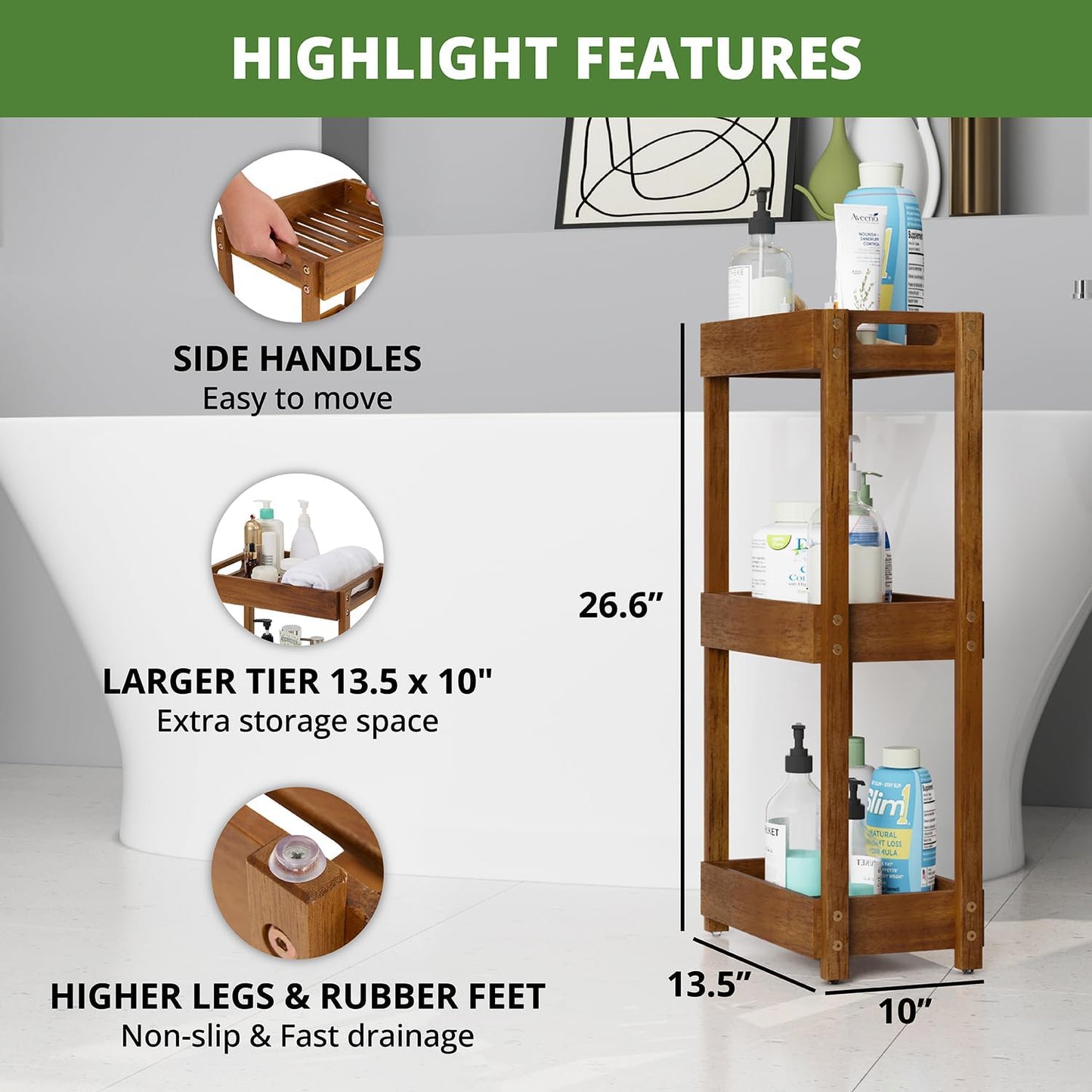 Carpentray Sheesham Wood Shower Caddy, 3 Tier Shower Organizer, Sturdy Corner Bathroom Caddy, Wooden Bathroom Shelves Freestanding, Teak Colored Acacia Bath Standing Shelf, Vanity Shelf for Bath