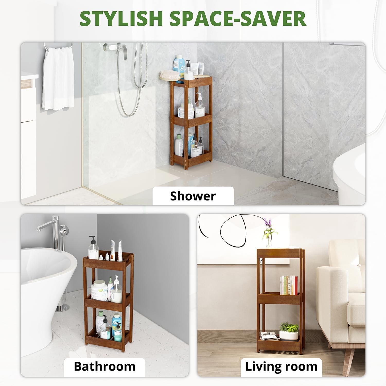 carpentray sheesham wood shower caddy, 3 tier shower organizer, sturdy corner bathroom caddy, wooden bathroom shelves freestanding, teak colored acacia bath standing shelf, vanity shelf for bath