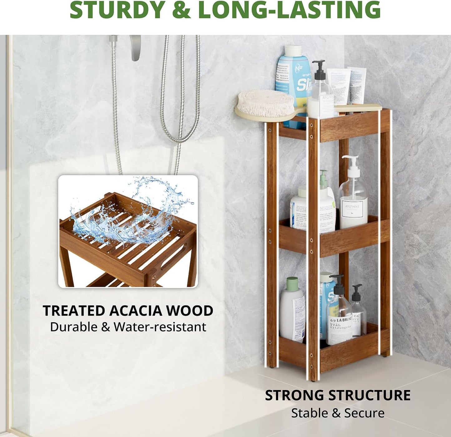 Carpentray Sheesham Wood Shower Caddy, 3 Tier Shower Organizer, Sturdy Corner Bathroom Caddy, Wooden Bathroom Shelves Freestanding, Teak Colored Acacia Bath Standing Shelf, Vanity Shelf for Bath