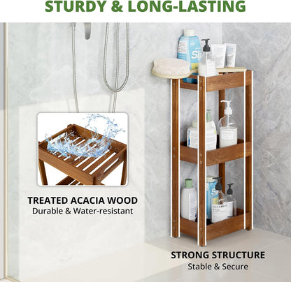 carpentray sheesham wood shower caddy, 3 tier shower organizer, sturdy corner bathroom caddy, wooden bathroom shelves freestanding, teak colored acacia bath standing shelf, vanity shelf for bath