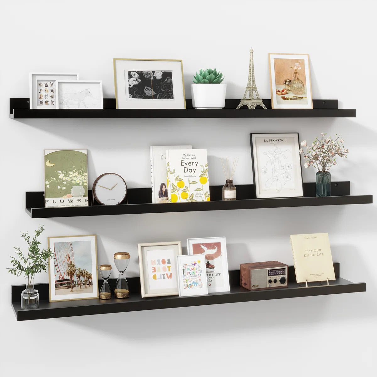 carpentray 36 inch woden wall shelf set of 3 (black)