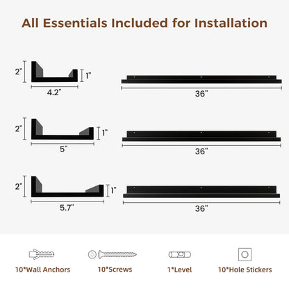 carpentray 36 inch woden wall shelf set of 3 (black)