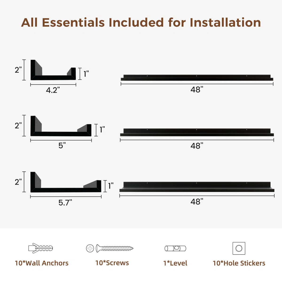 Carpentray 48 Inch Woden Wall Shelf Set of 3 (Black)