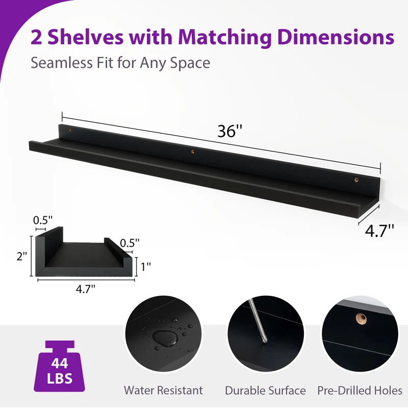 carpentray 36 inch long wooden u shelf wall shelf black (set of 2)