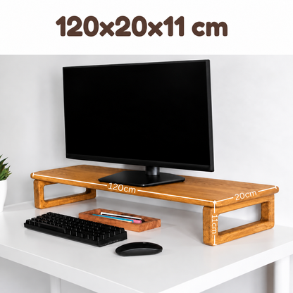 carpentray 120cm long wooden monitor stand riser with underneath keyboard storage, desktop organizer for computer and laptop, home office and study desk (d-teak, 120cm long)