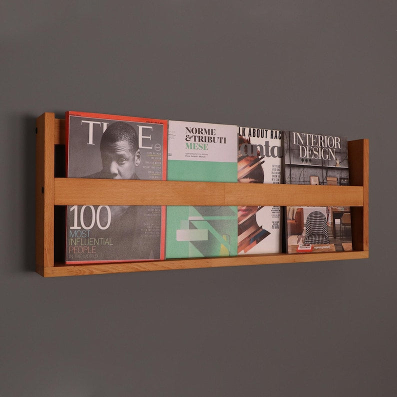 carpentray wall mountable magazine holder, wooden shelves for wall, magazine holder wall, wood magazine rack