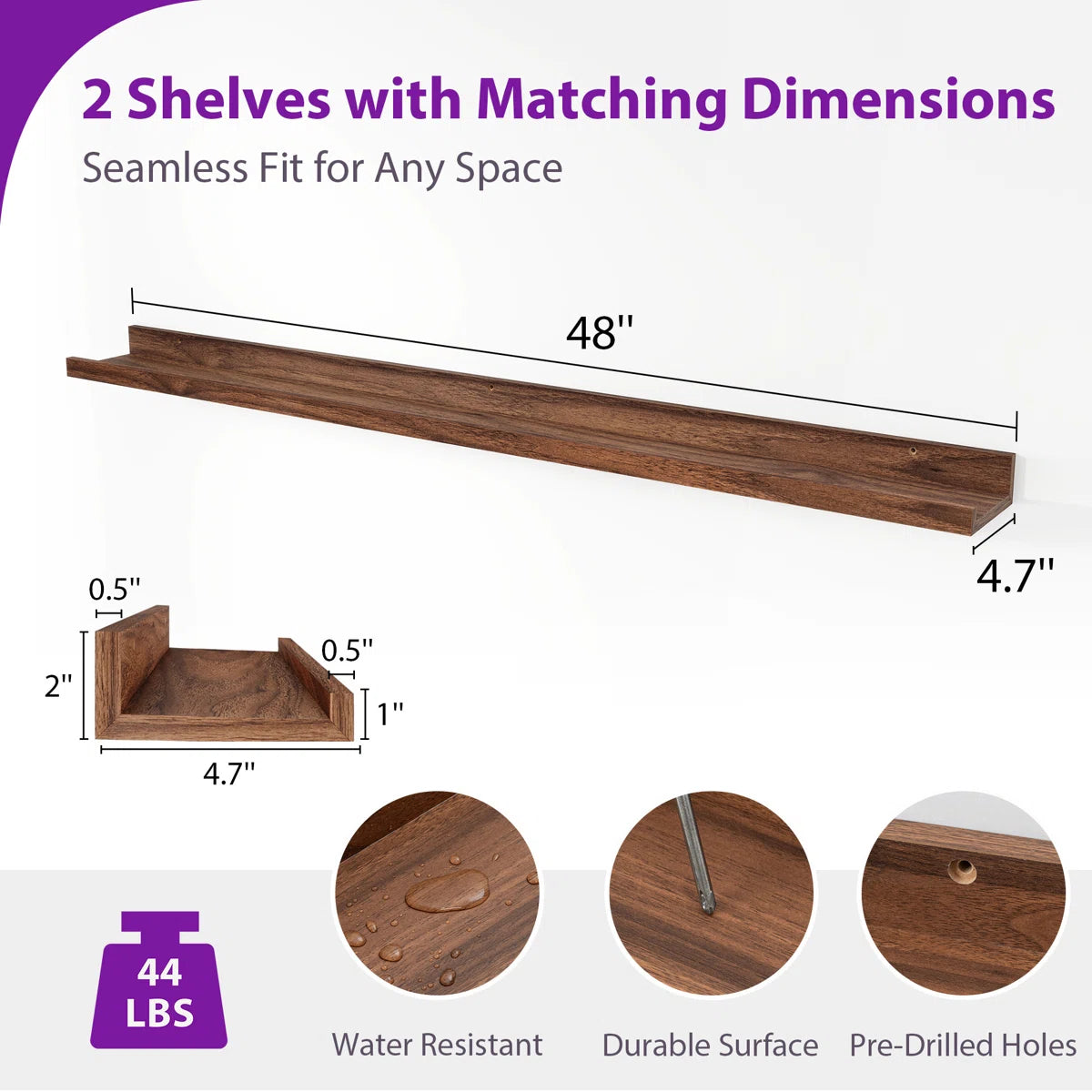Carpentray 48 inch Long Set of 2 Wooden Wall Shelf (Brown)